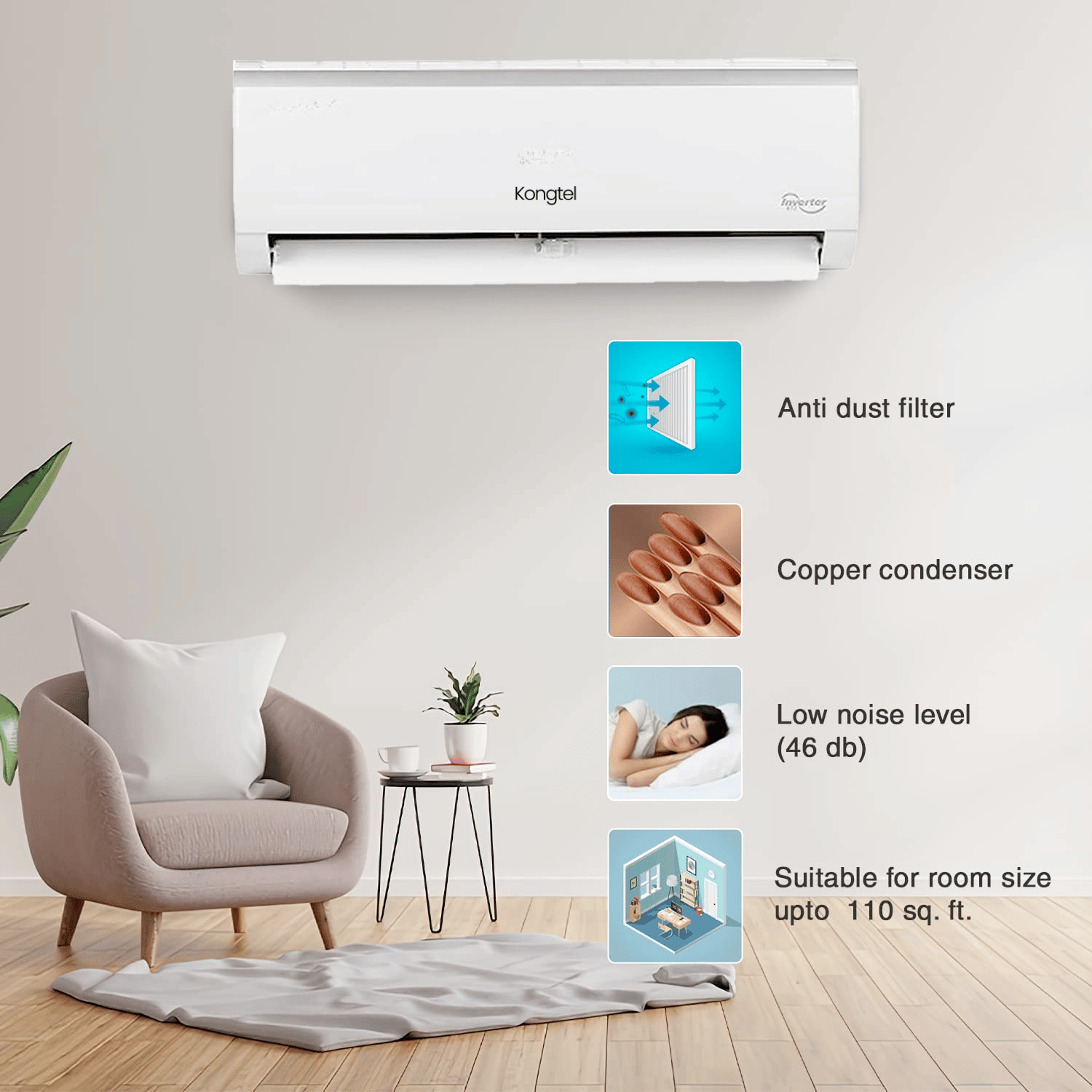Kongtel - 1 Ton 3 Star Wind-Free Technology Inverter Split AC - Image 2