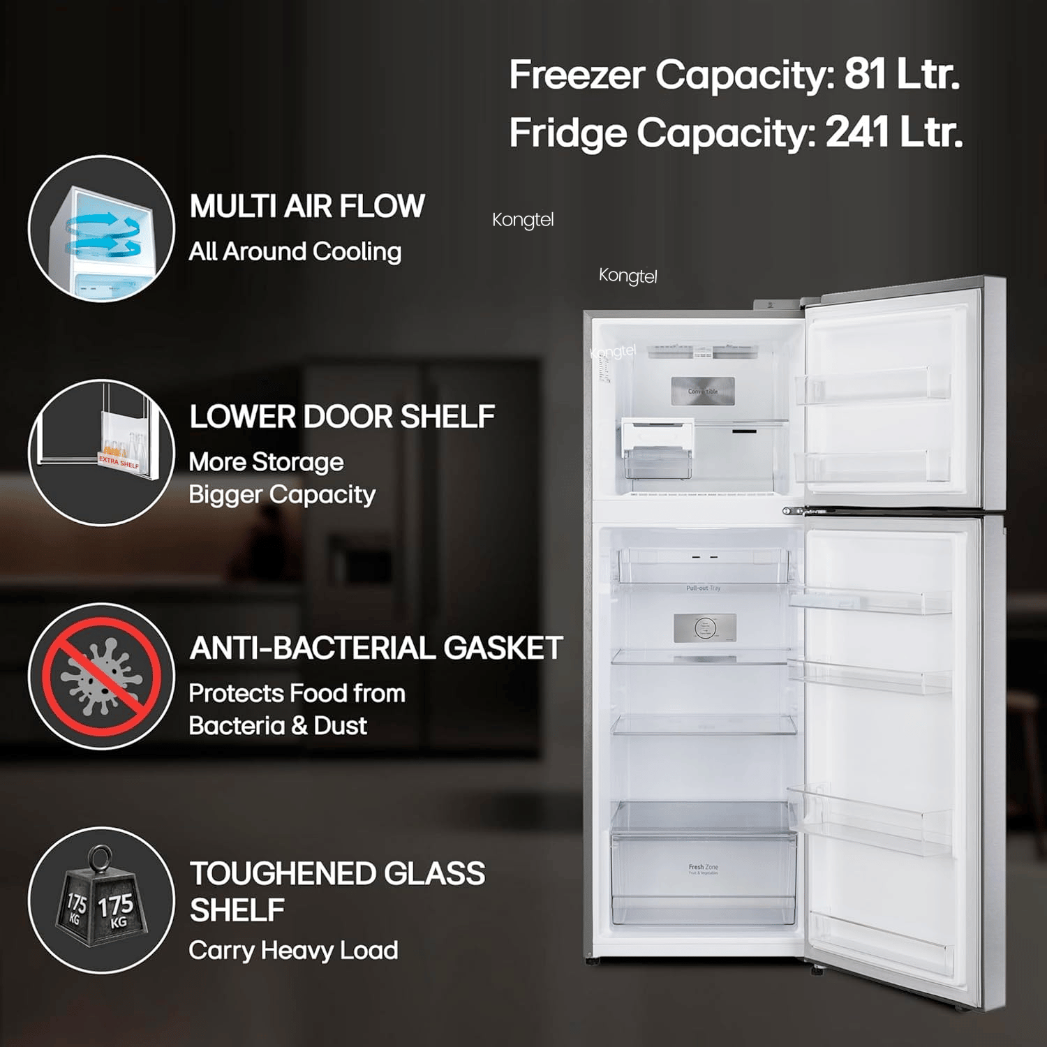 Kongtel - 322L 3-Star Frost-Free Smart Inverter Double Door Refrigerator - Image 4